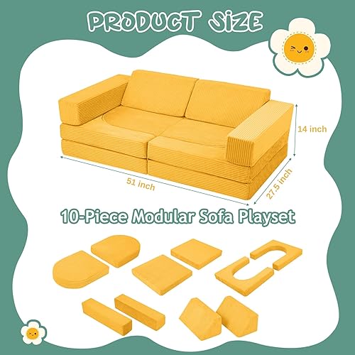 Miniatura 34 de MeMoreCool Sofá infantil para sala de juegos, sofá modular de 10 piezas, sofá convertible de pana, juego de construcción de fuerte de espuma para
