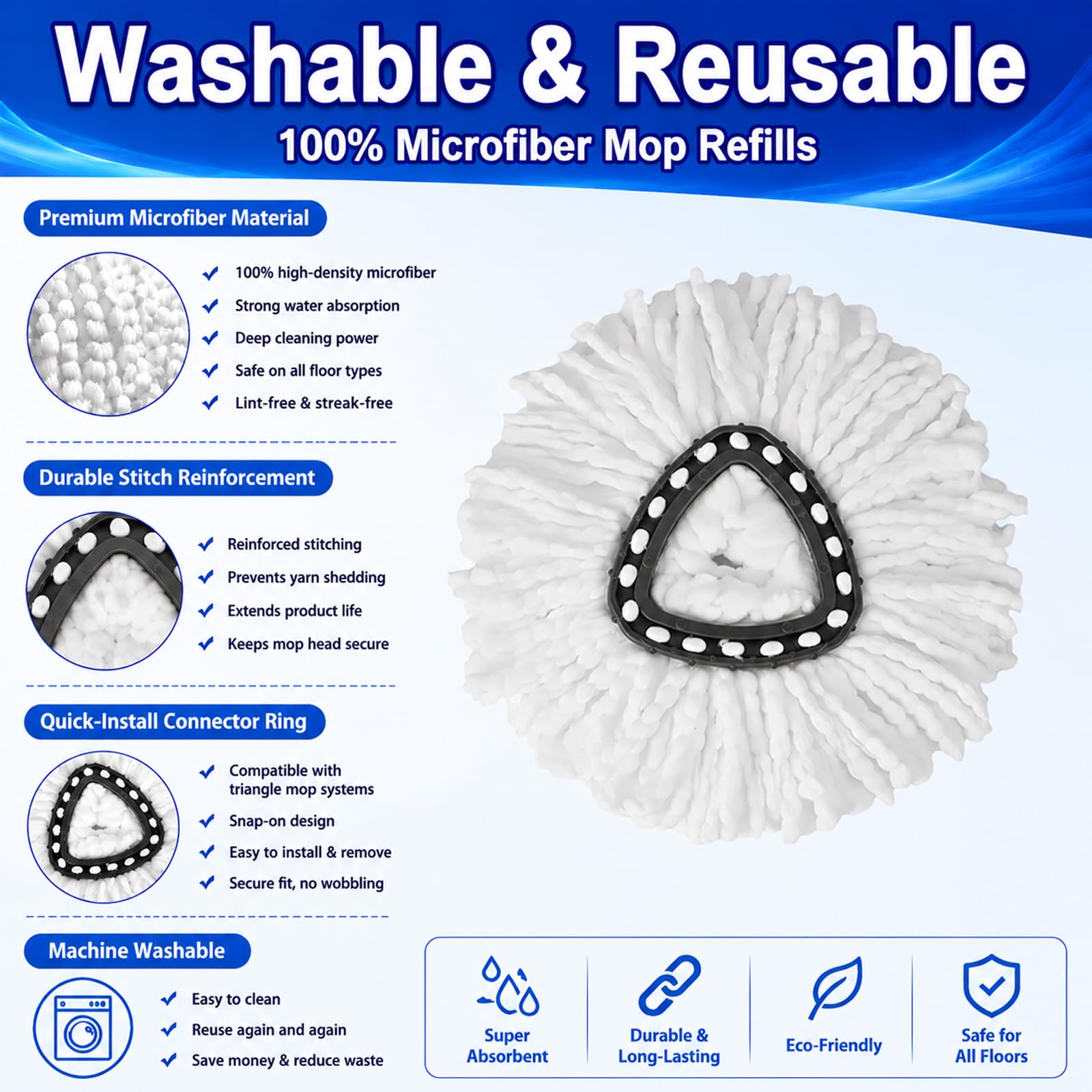 Lot de 12 têtes de rechange 100 % microfibre pour un essorage facile, compatible avec les serpillères triangulaires, tête de rechange pour nettoyage du sol