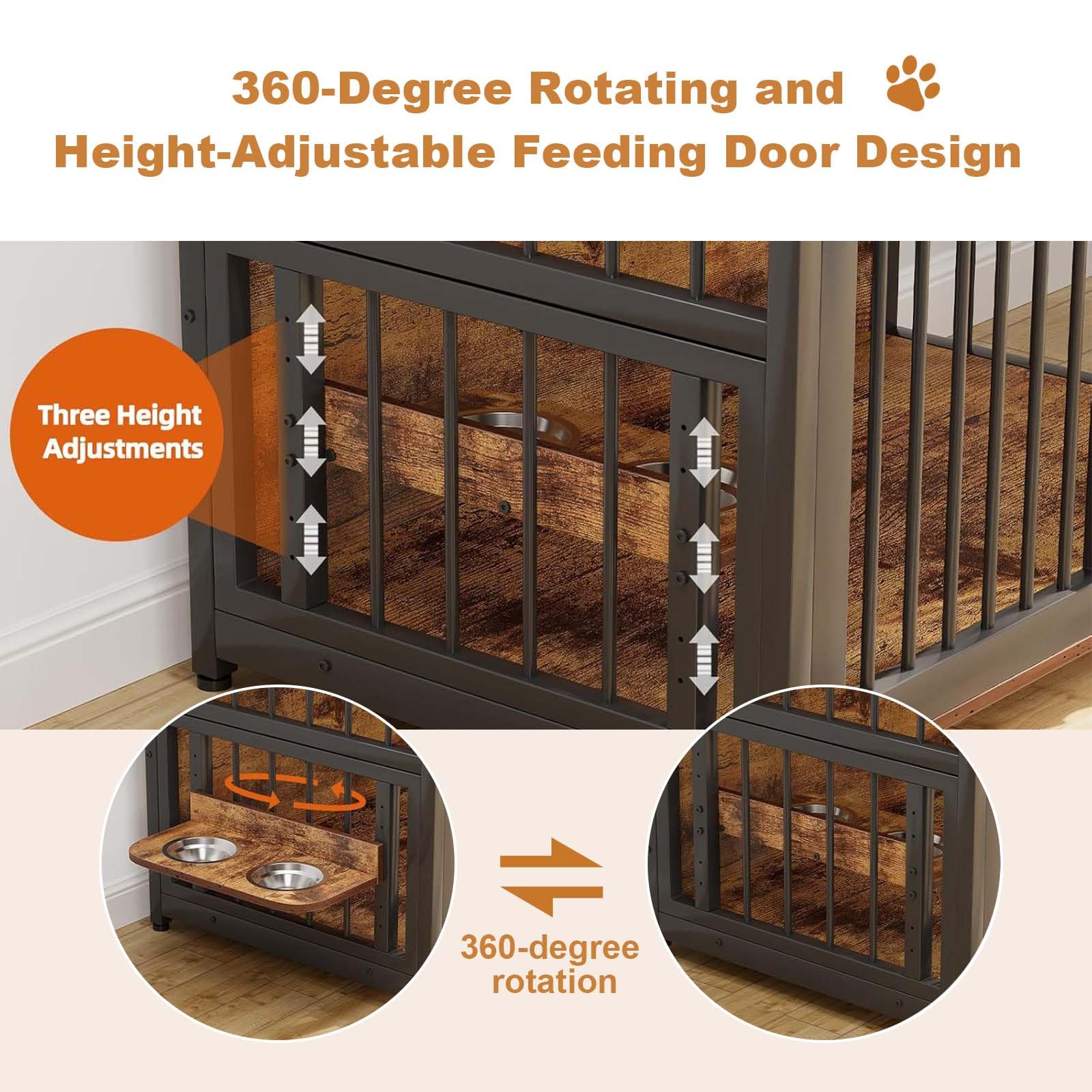 Hundekäfig Möbel Mit Lagerregal, 122x76x110Cm, Hundebox Möbel Mit 360° Drehbaren Hundenäpfen Und Mit 2 Türen, Hochbelastbarer Hundekäfig Für Zuhause, Hundeschrank Für Große Und Mittlere Hunde