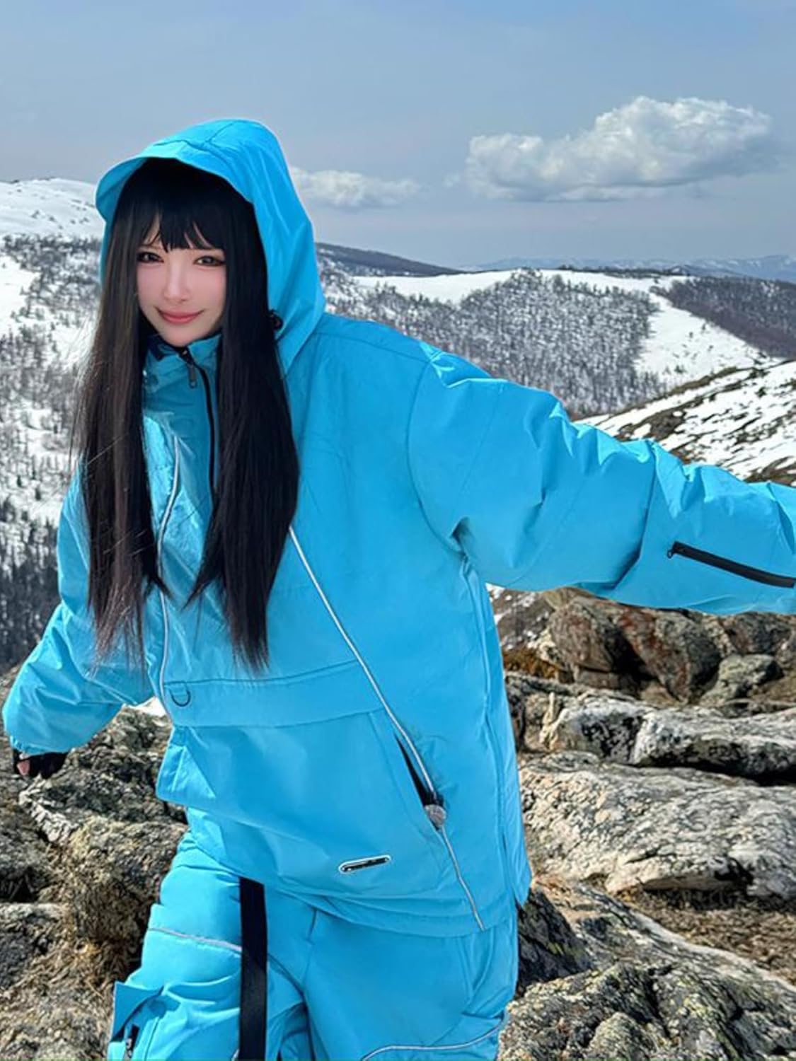 Pullover Snowboard Suits for Men Women Half Zipper Baggy Snow 2 Pieces Sets Hooded Lines Skiing Jackets & Pants Set