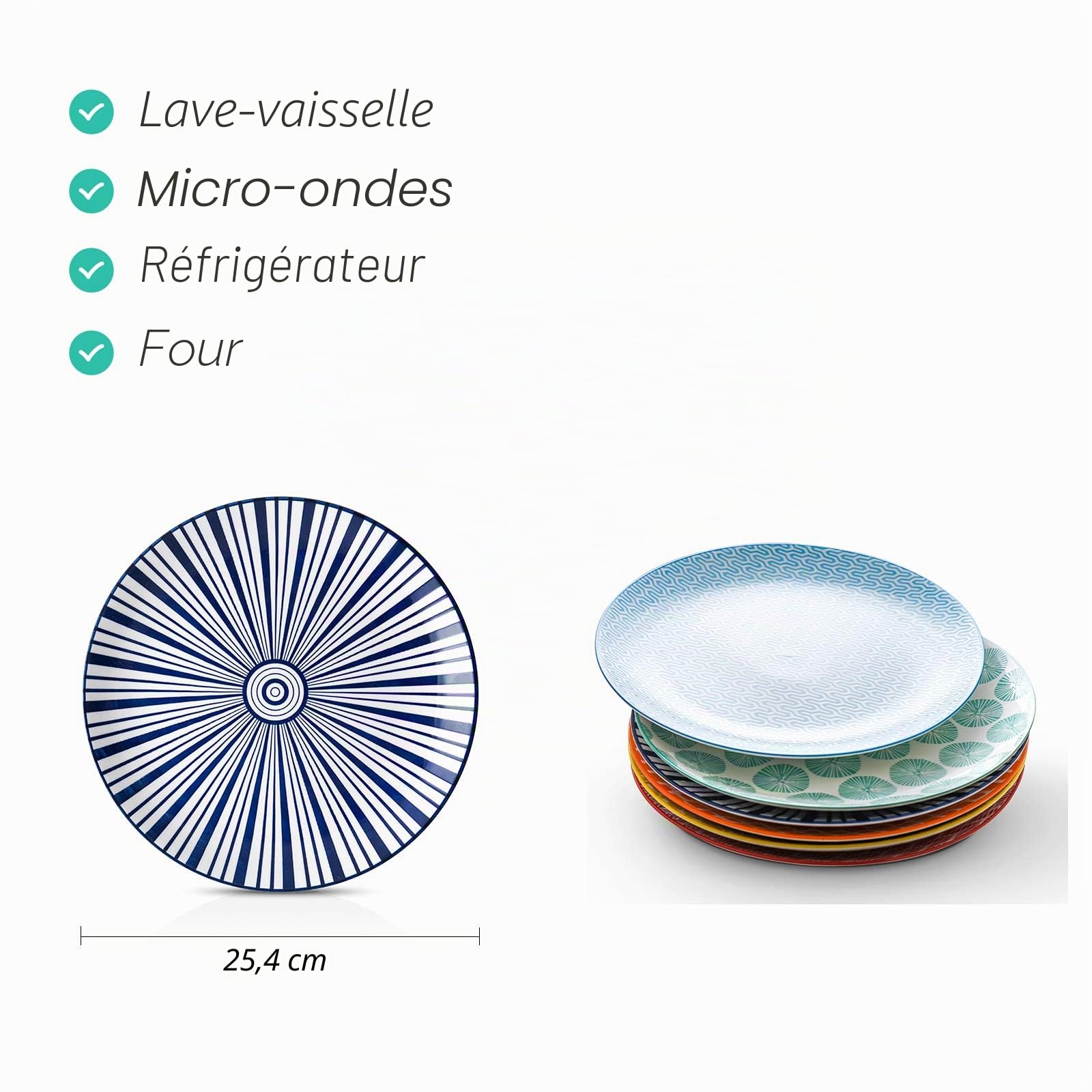 Selamica Lot de 6 grandes assiettes en porcelaine de 25,4 cm pour salade, crêpes, steak, couleurs assorties
