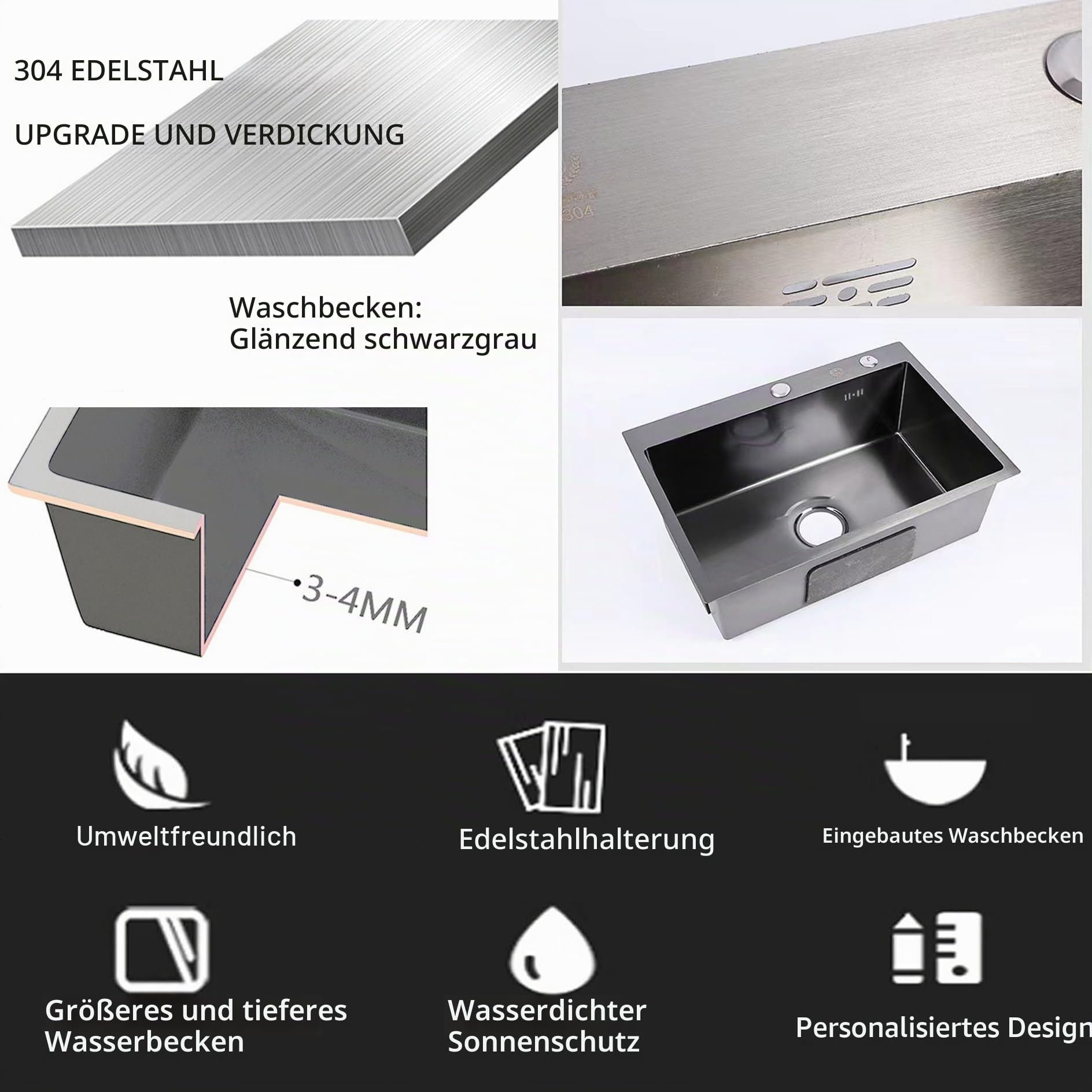 Edelstahl-Spüle, einzelne Schüssel, kommerzielle Restaurant-Küchenspüle, Set mit Wasserhahn und Seitenspritzer, für Restaurant, Waschküche, Hinterhof, Garagen
