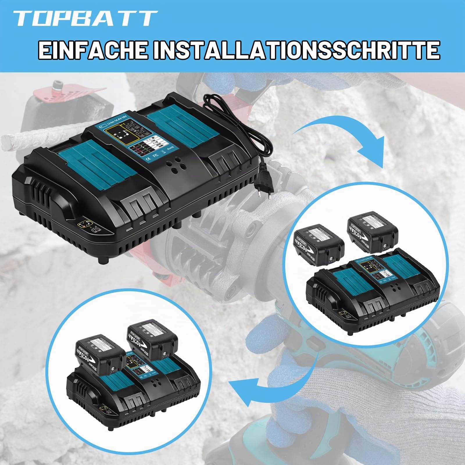 2Stück 10000mAh BL1860B Kompatibel für Makita Akku 18V und Ladegerät | Doppelte Aufladung 3A DC18RD Ladegerät Kompatibel für Makita 14,4V- 18V akku