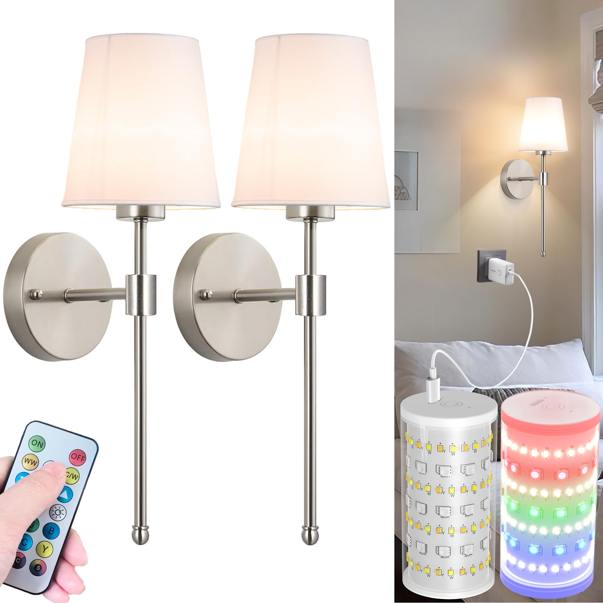 Battery Operated Wall Sconces Set Of 2, Wireless Battery Wall Light With 10000mAh RGB Rechargeable Magnetic Bulb, Rechargeable Wall Sconce With Remote Control For Bedroom, No Electrician Required
