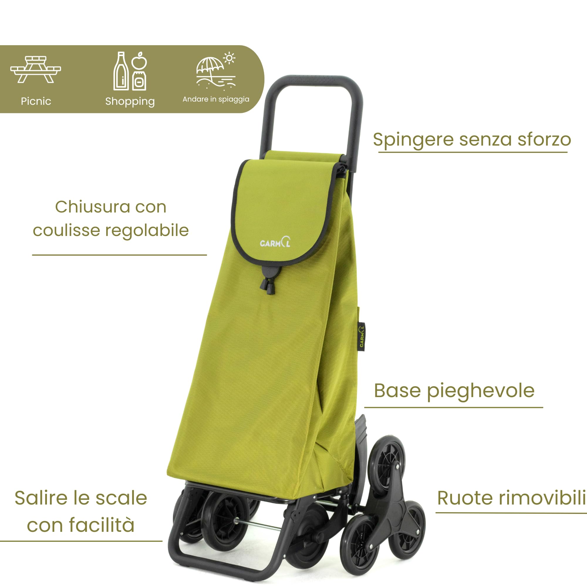 GARMOL Carrello della spesa pieghevole da 55 litri | Carrello della spesa 8 Ruote Salite Scale di Grande Capacità | Carrello della spesa Pieghevole Colore Verde Avocado