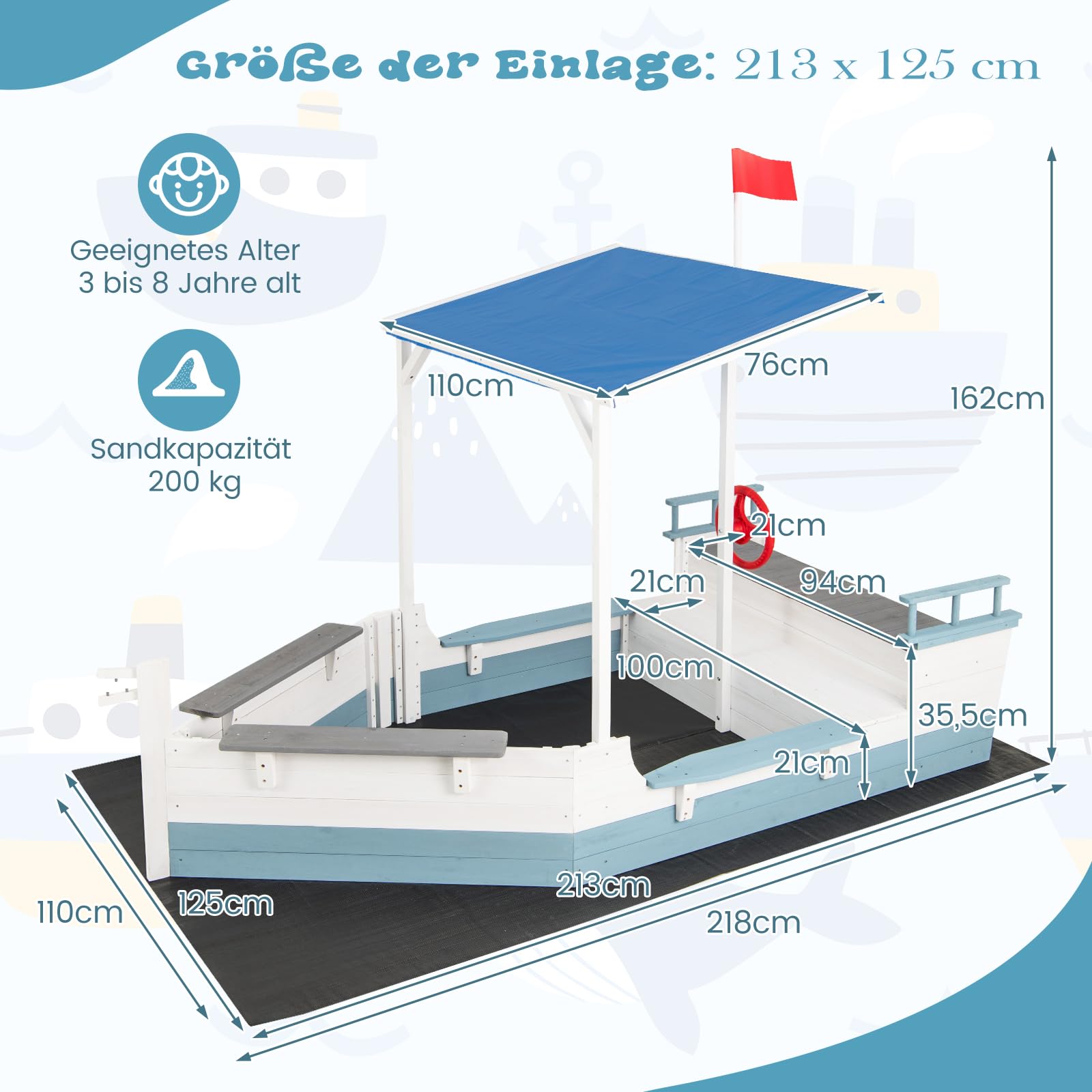 GOPLUS Sandkasten mit Abdeckung, Sandkasten Holz Schiffsförmig mit schrägem Dach, Einlage, Mehreren Sitzen und großem Stauraum, Sandbox Outdoor für Garten, Sandkiste für Kinder ab 3 Jahre