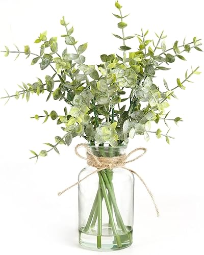 Miniatura 14 de Tallos artificiales de eucalipto en jarrón de vidrio con agua falsa, 3 piezas de planta falsa con hojas verdes de doble cara para centro de mesa
