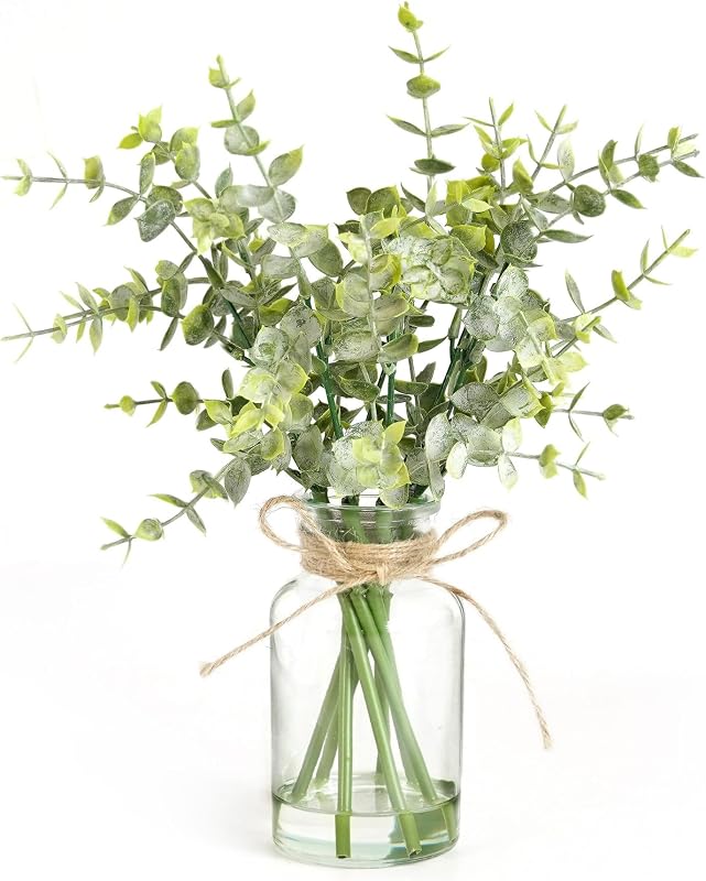 Artificial Eucalyptus Stems in Glass Vase with Faux Water,7Pcs Fake Plant for Centerpiece Bathroom Farmhouse Room Home Decor (Sage Green Eucalyptus)
