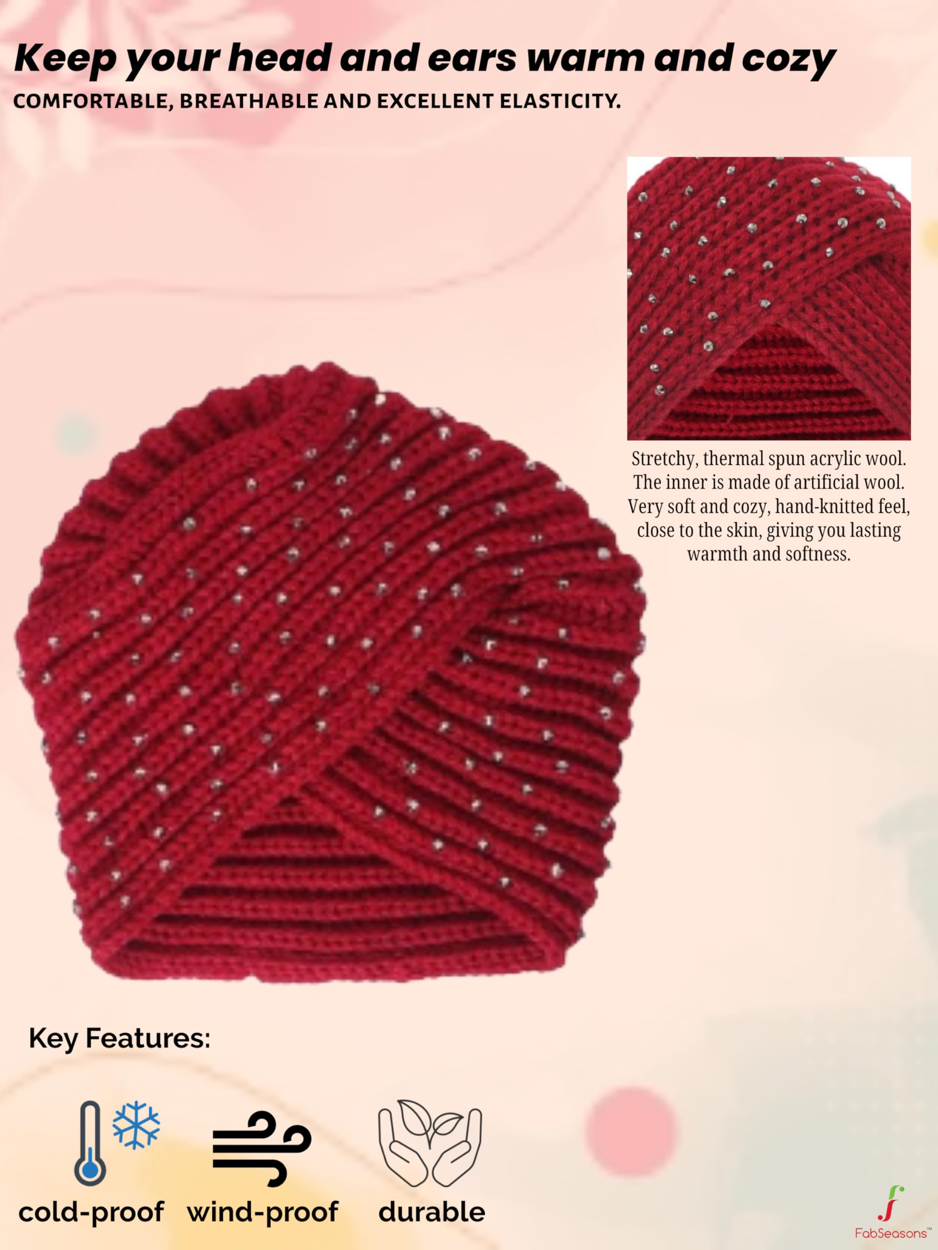 FabSeasons Acrylic Woolen Casual & Ethnic Skull Cap with Studs for Girls of Age 5-14 Years, fits Like a Turban Pink