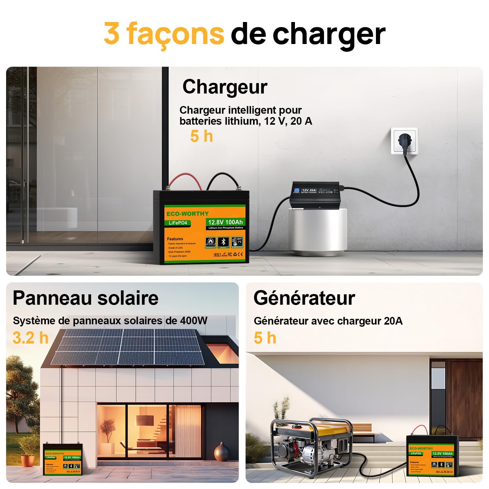 ECO-WORTHY Bluetooth Batterie Lithium 12V 100AH avec Protection de BMS et de Basse Température, LiFePO4 Batterie avec 4000 à 15000 Cycles pour Camping Car, Caravane, Bateau, Panneau Solaire