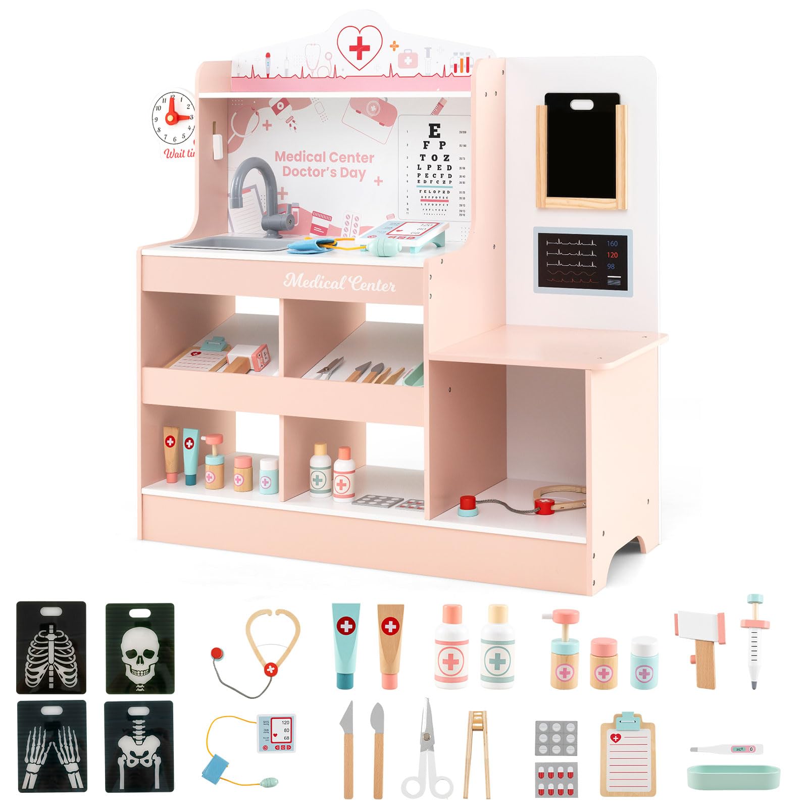 GYMAX Set da Gioco Medico in Legno, Gioco di Ruolo Medico con Stetoscopio, Monitor ECG, Pellicola a Raggi X, Monitor di Pressione Sanguigna, Area d'Esame, 24 Accessori (Rosa)