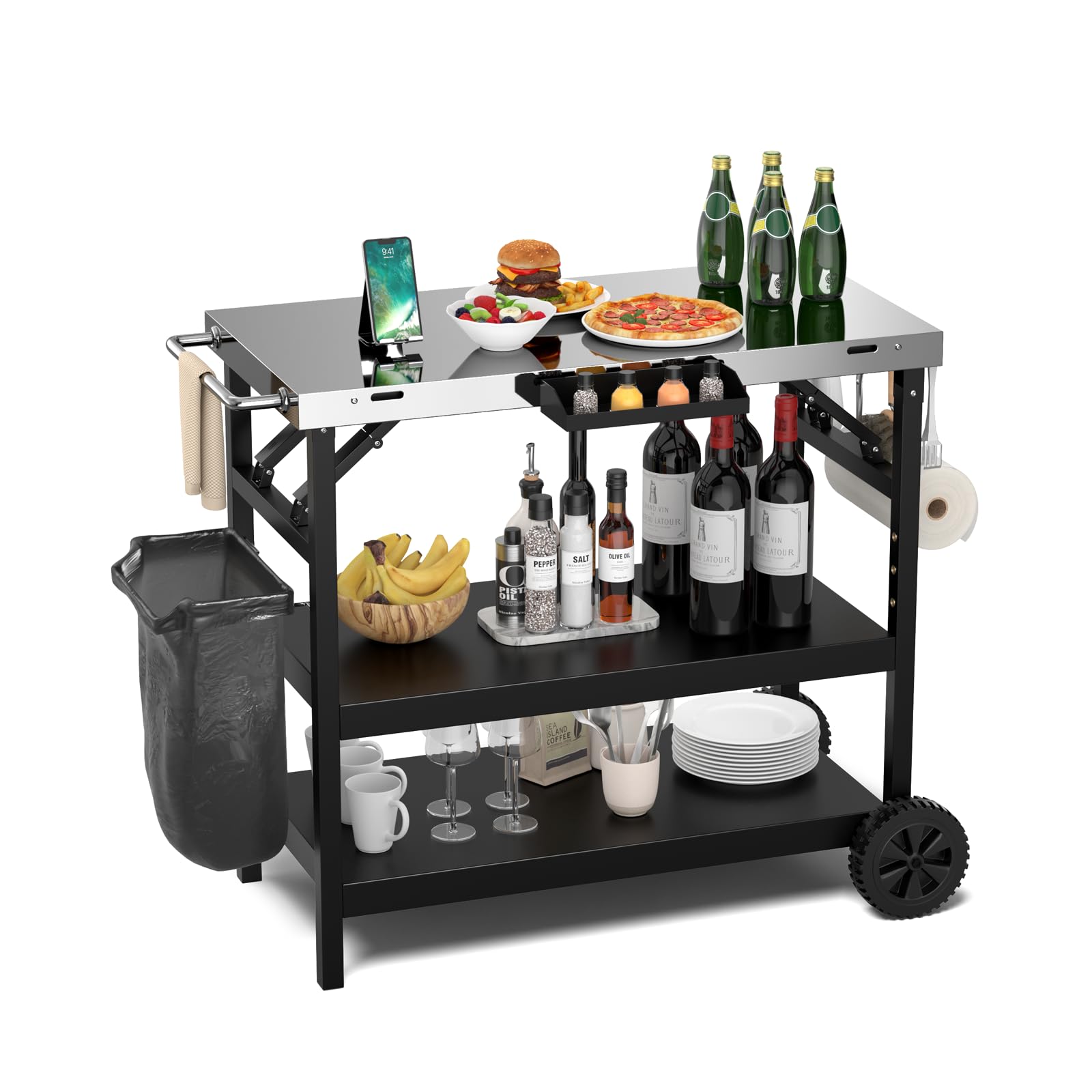 KOMFOTTEU Carro Barbacoa de 3 Niveles, Carrito Auxiliar con 2 Ruedas de Metal, Carro para Parrilla con Estante Ajustable, Mesa de Trabajo con Toallero y Portabolsas, 106 x 52 x 84 cm, Negro