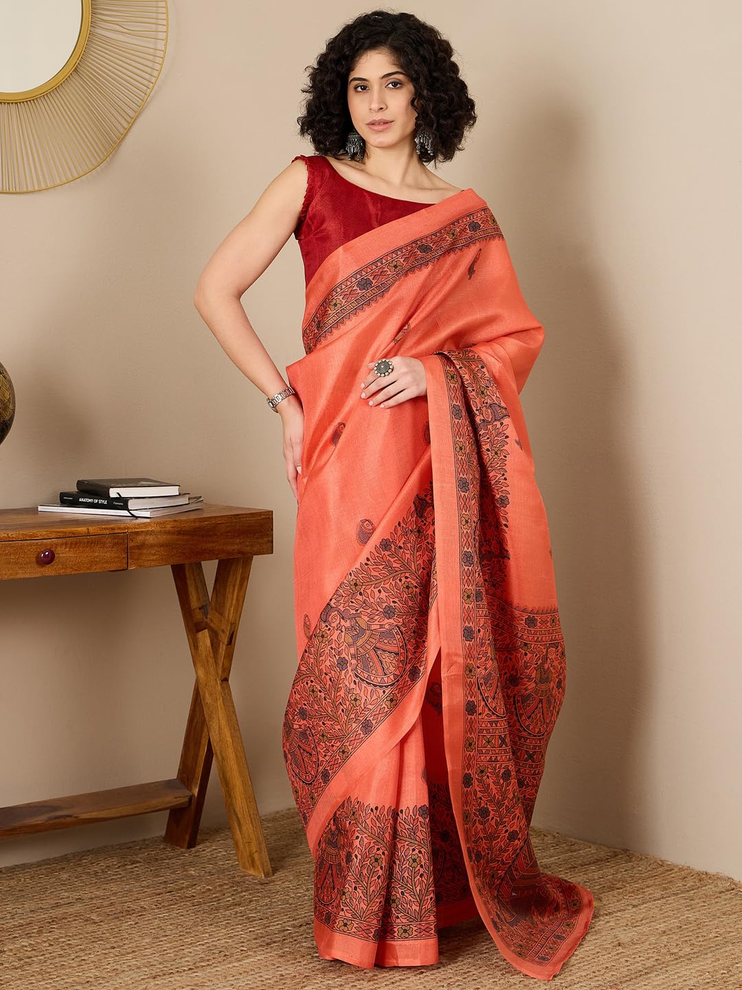 SAREE MALL Women's Orange Tussar Silk Madhubani Printed Ready To Wear one Minute Saree With Unstitched Blouse (RTWFF0MDB8404E_HS) 1