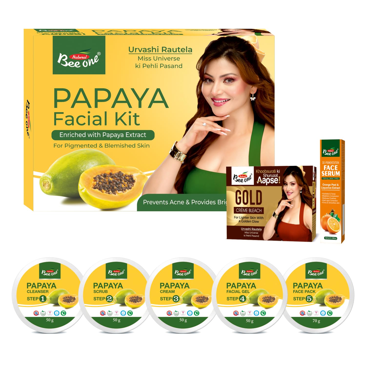 Bee One Complete 5 step Facial Kit for Radiance & Youthful Glow 312 g | Fights pigmentations and prevents Acne | Suitable for all Skin Types | Get upto 15 uses in this 1 kit (Papaya)
