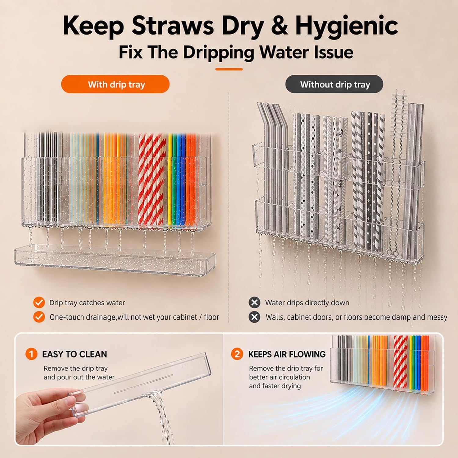 9.5" Straw Holder for Cabinet Door with Drip Tray & a Straw Brush