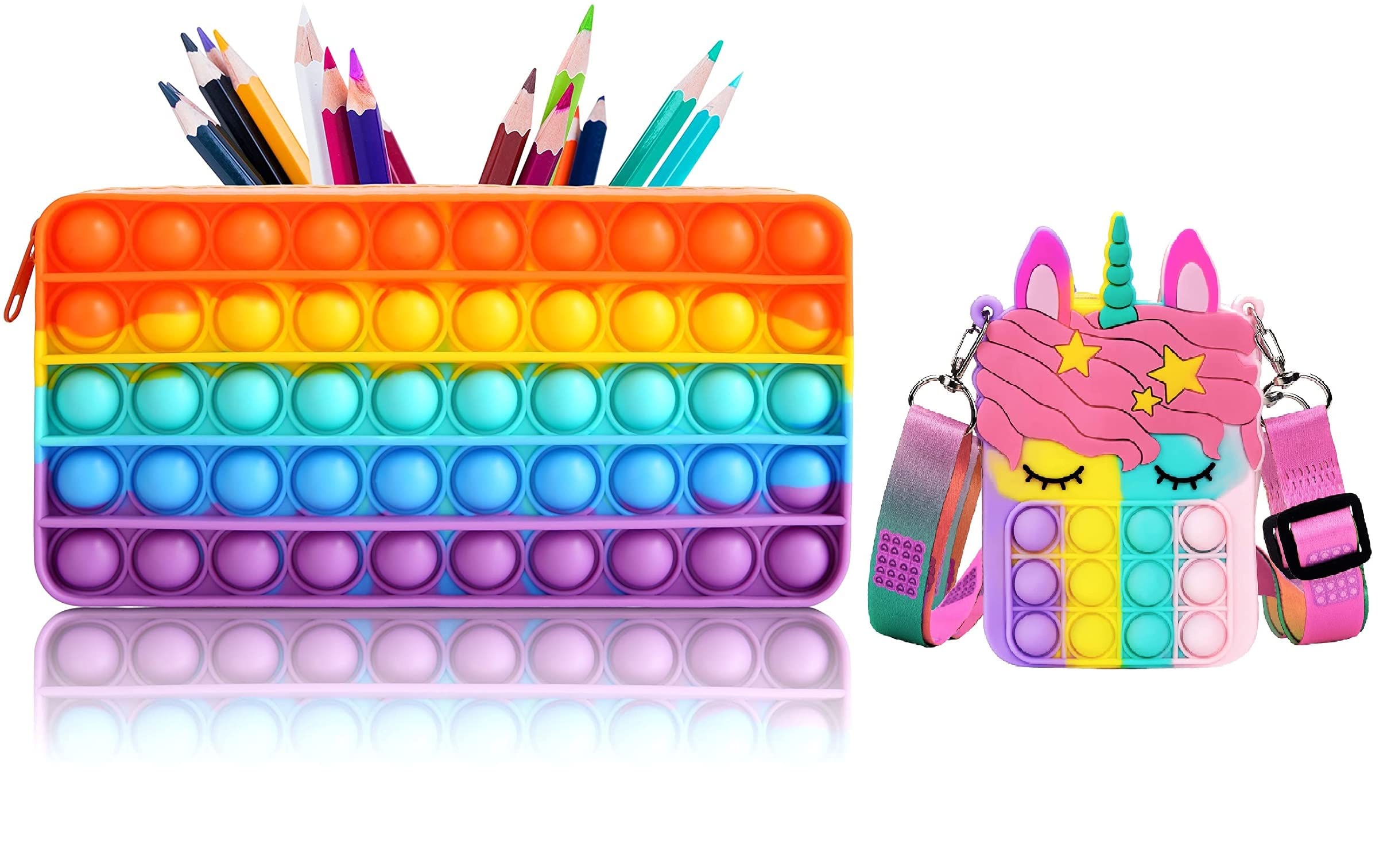 MorningVale Silicone Combo Of Pop It Fidget Pencil Pouch & Pop It Fidget Unicorn Sling Bag For Girls Stress Relief Pencil Case & Crossbody Sling Bag Gift (Multicolor Pop Pouch & Pop Bag) (B09P1CZY2M) Amazon Price History, Amazon Price Tracker