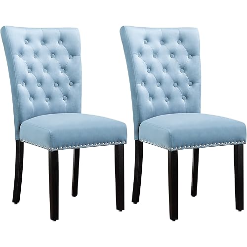 Velvet Dining Kitchen Chair Set of 2, Parsons Upholstered Dining Room Chair, Wood Accent Chair with Nailed Trim, Light Blue