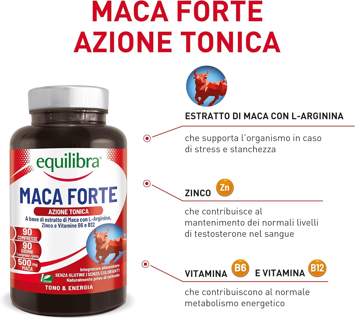 Equilibra Integratori Alimentari, Maca Forte, Tono e Vigore Fisico, Altodosato a Base di Estratto di Radice di Maca Peruviana 500 mg, L-Arginina, Zinco, Vitamine B6 e B12, 90 Compresse