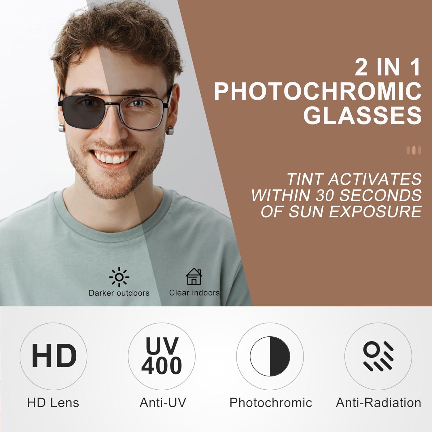 Photochromic Progressive Reading Glasses for Men, No-Line Multifocal Readers，Metal Frame with Spring Hinge - Image 4