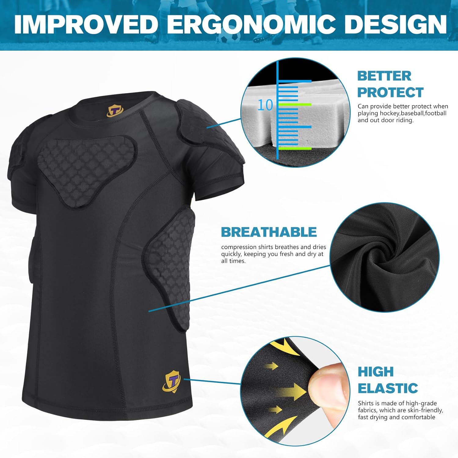 Youth Boys Football Rib Protector Padded Compression for Football Baseball Basketball Paintball Shirt - Image 3