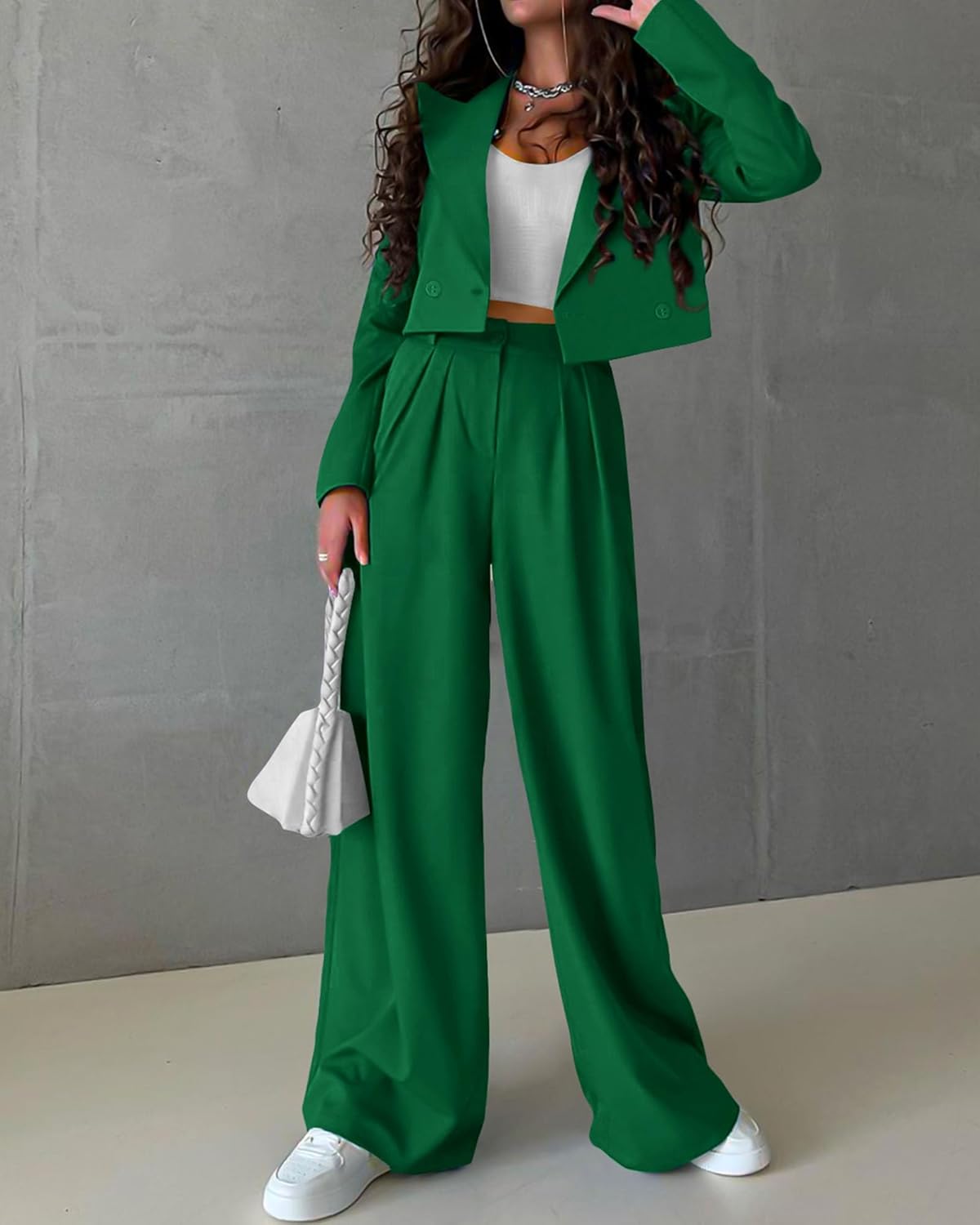 KIRUNDO Business Casual Outfits for Women 2025 Fall 2 Piece Cropped Blazer Jackets Wide Leg Pants Suit Sets Work Clothes - Image 3