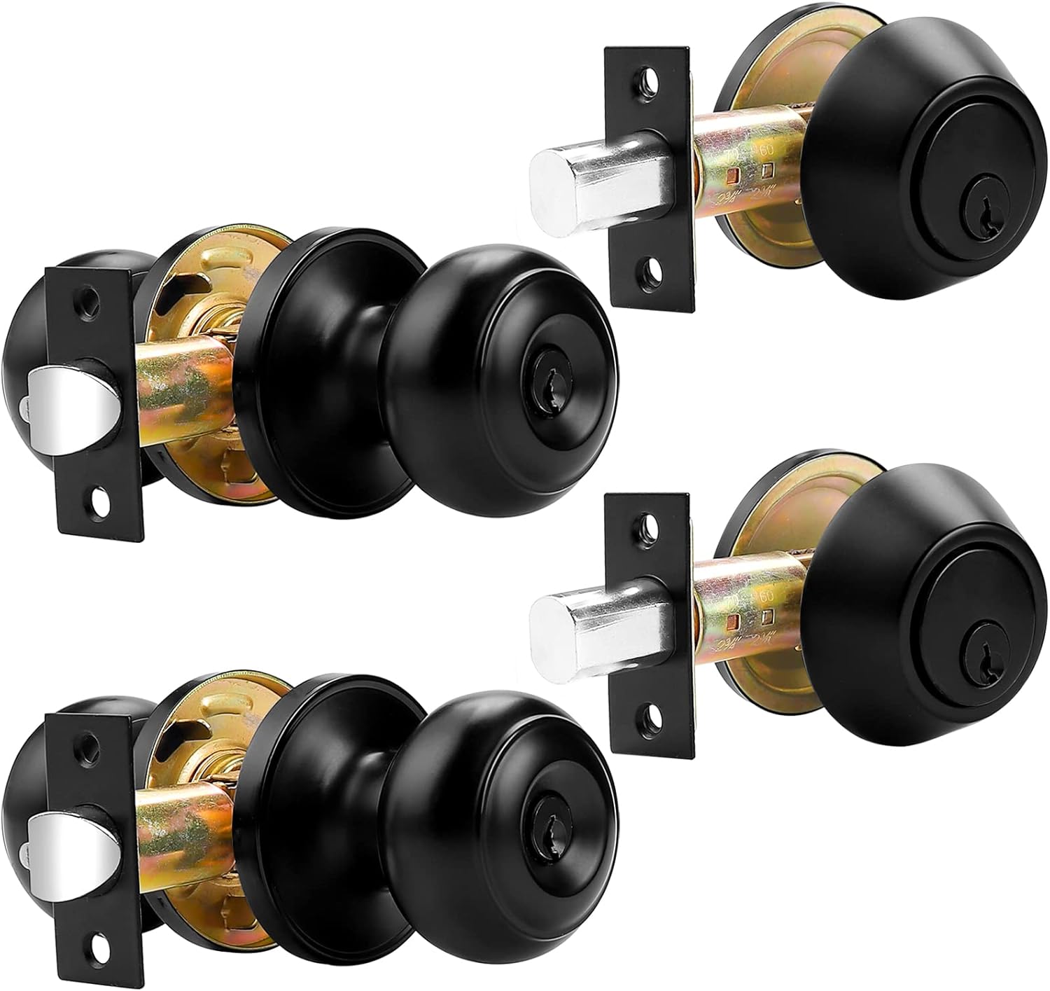 Probrico 3Pack Black Door Knob and Single Cylinder Deadbolt Lock Set