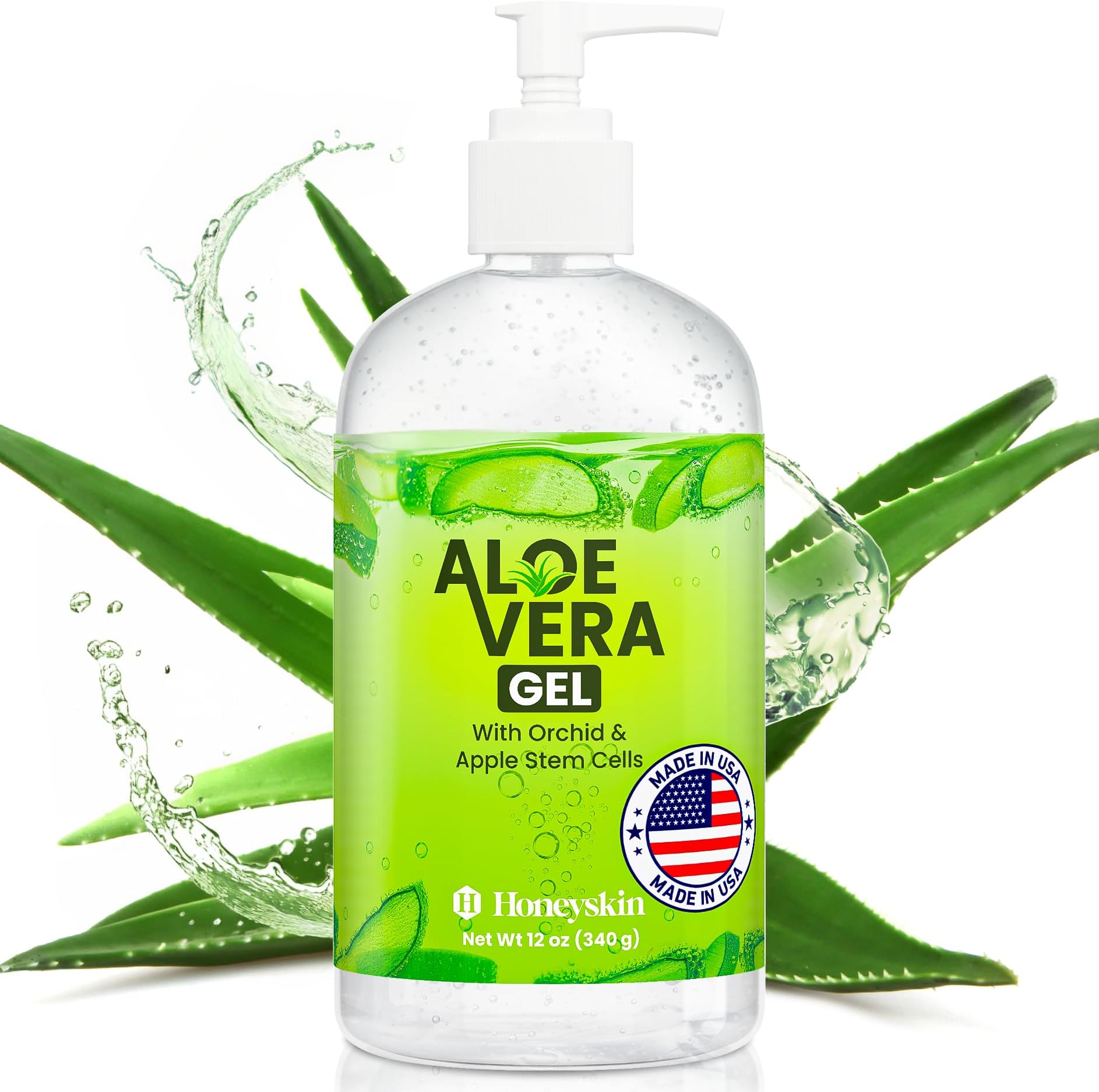 Honeyskin Organic Aloe Vera Gel for Face with Orchid & Apple Stem Cells - Soothing & Hydrating Aloe Gel for Sunburn Relief & After Sun Care - 100% Aloe Vera Gel for Hair, Face & Body (12 Fl Oz)