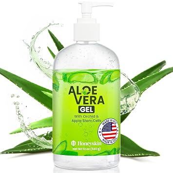 Honeyskin Organic Aloe Vera Gel for Face with Orchid & Apple Stem Cells - Soothing & Hydrating Aloe Gel for Sunburn Relief & After Sun Care - 100% Aloe Vera Gel for Hair, Face & Body 12 Fl Oz