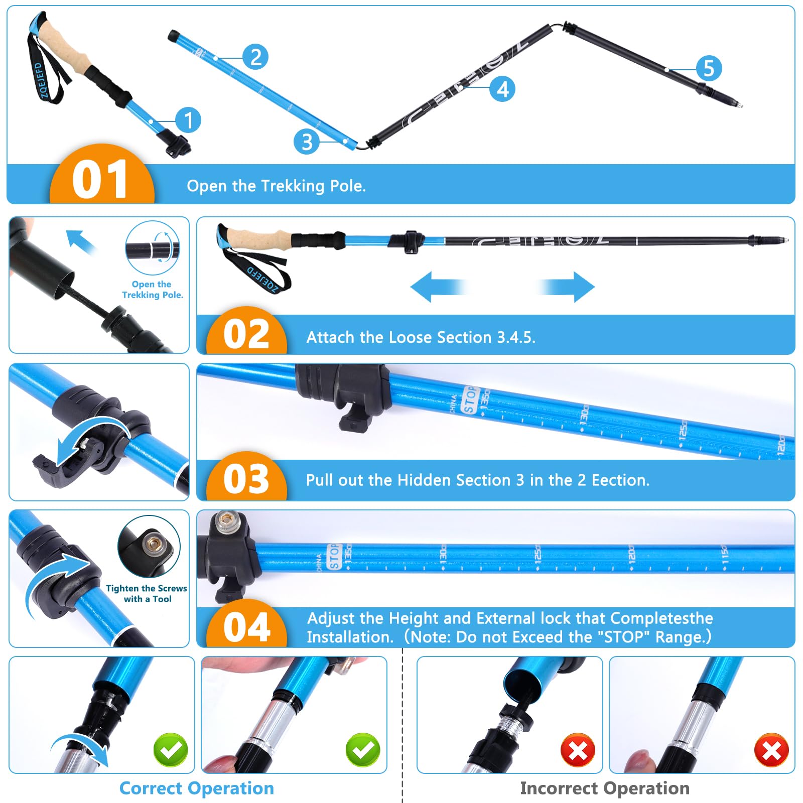 Bastoni Trekking Bastoncini da Trekking, 2 Pezzi Nordic Walking Bastoncini Pieghevole Regolabile 108-135cm, Bastoncini Trekking Carbonio Alluminio 7075 con 5 Paia di Puntali in Gomma