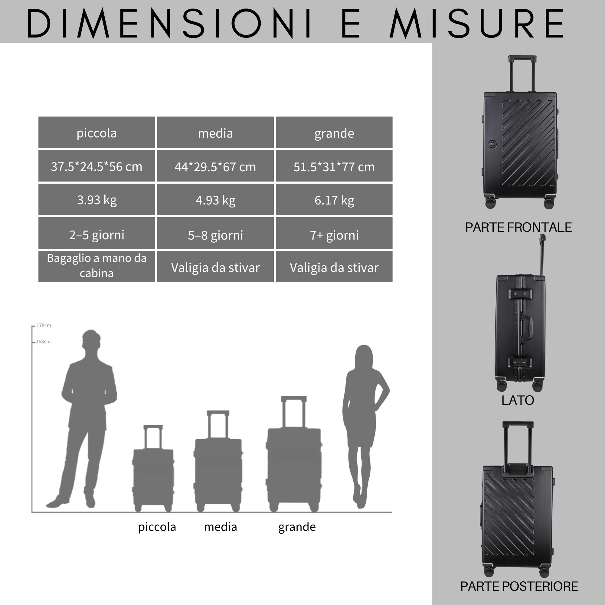 JLY Valigia Rigida 100% Policarbonato Senza Cerniera, Trolley da Viaggio con Doppio Lucchetto TSA, 4 Ruote Girevoli e Manico in Lega di Alluminio, Bagaglio da Stiva (Nero Acciaio, L (77cm 97L))