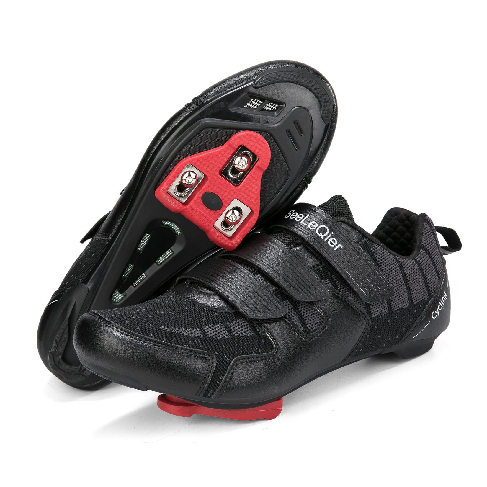 SeeLeQier Mens Cycling Shoes Women Compatible with Peloton Bike Shoes Indoor Clip in Peleton Road Bike Bicycle Riding Racing Biking Shoes with Delta Cleats for Unisex Outdoor Bike Pedal 7.5 Women/5.5 Men Black2