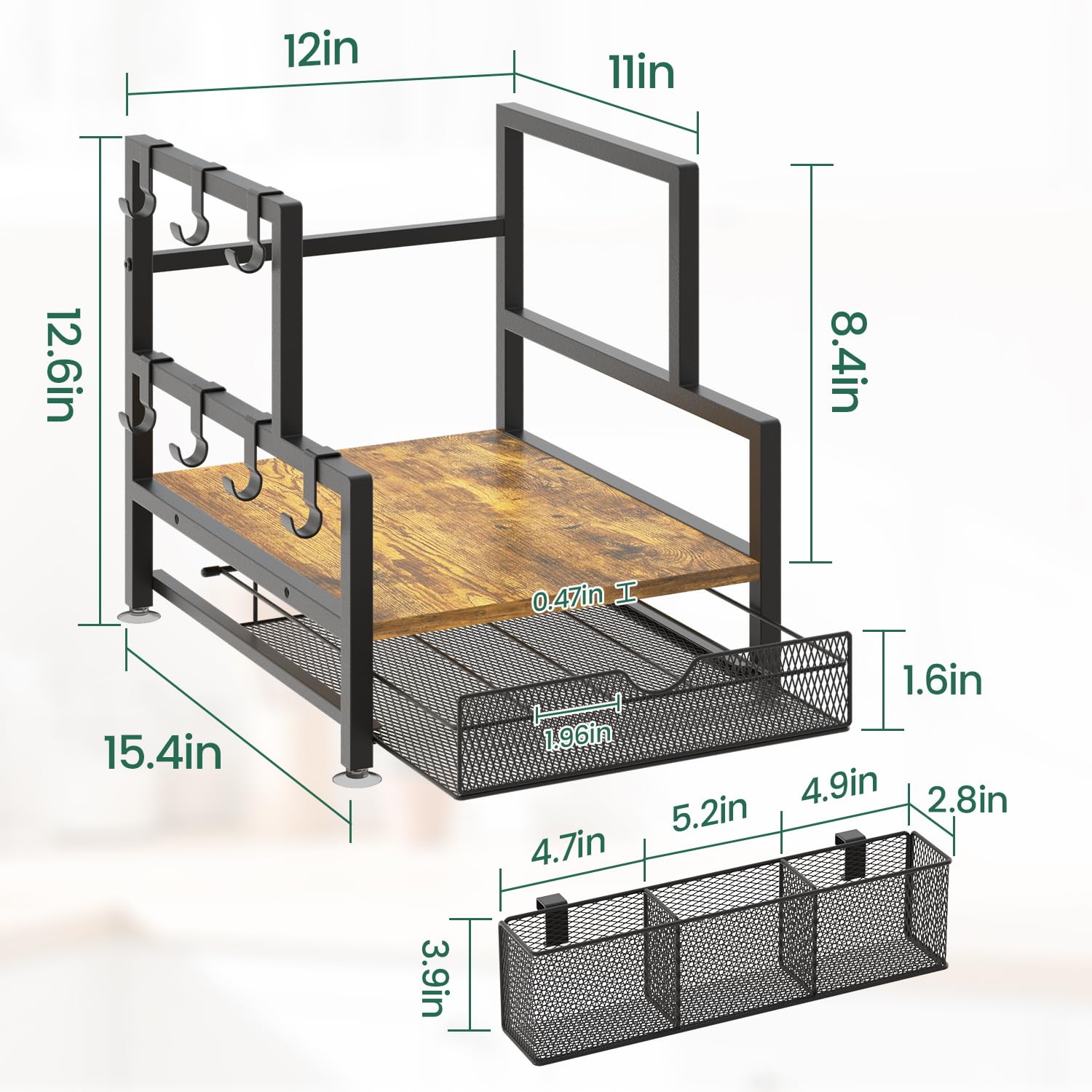 EsLuker.ly Organizer per stazioni da bar con cassetto per tazze K, con 7 ganci per tazze, per piano di lavoro, supporto per macchina da caffè in legno, per casa e ufficio, salvaspazio, per gli amanti