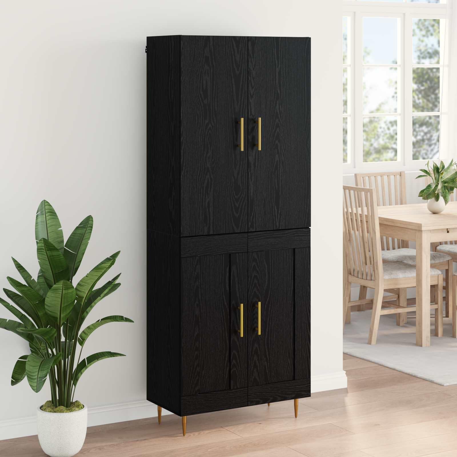 Générique Wysoka szafka dębowa czarna 69,5 x 34 x 180 cm Drewno inżynieryjne | Matowe mosiężne uchwyty, zwężane nogi, nowoczesny design, idealny do salonu jadalnia