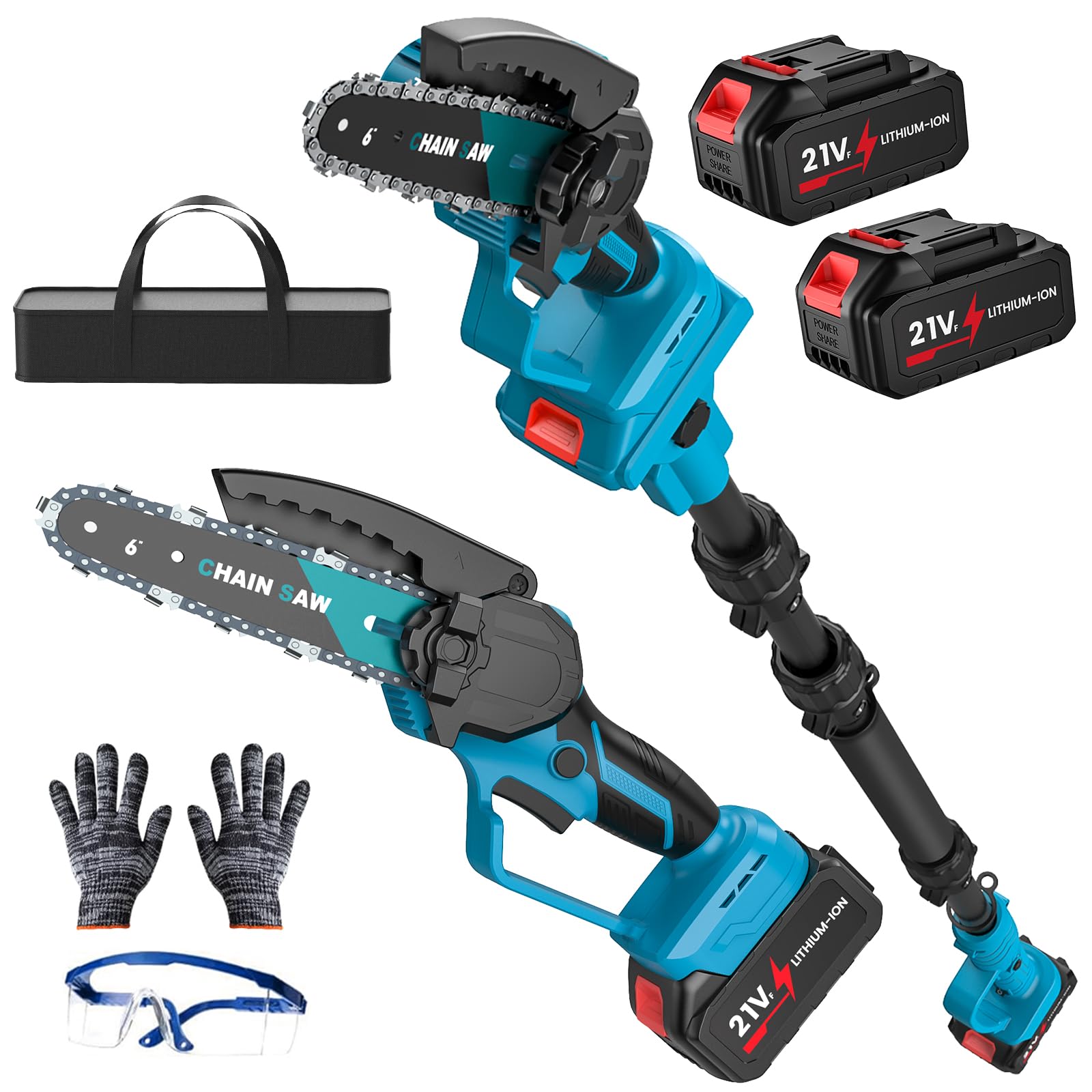 Kouamor Mini motosega telescopica a batteria da 6 pollici, con batteria da 4,0 Ah, 2 in 1 senza spazzole, sistema di olio automatico, serbatoio dell'olio da 30 ml, lunghezza di lavoro fino a 2,36 m (2