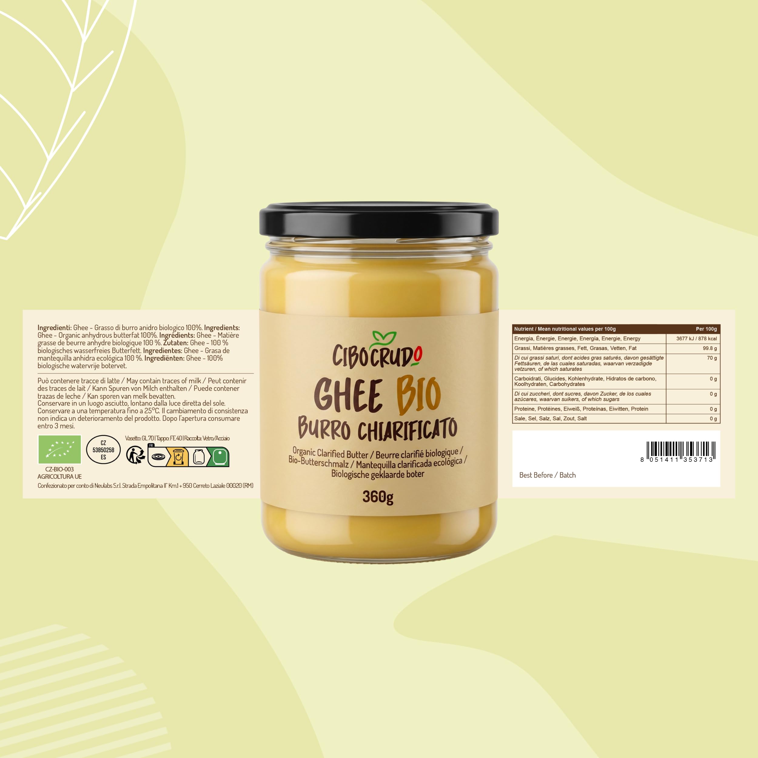 CiboCrudo Ghee Biologico 360g | Burro Chiarificato Biologico Certificato EU | Senza Lattosio | Burro Ghee Puro | Non-GMO | Alta Digeribilità | Senza Additivi