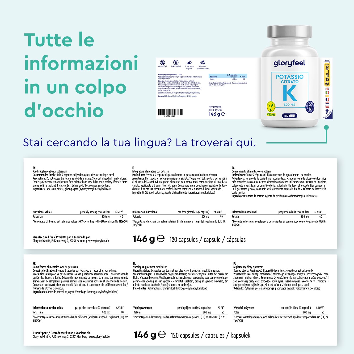 Potassio 120 Capsule (2 Mesi) - 800mg Potassio Elementare (Citrato) alto Dosaggio - Per Pressione Sanguigna, Funzione Muscolare e Sistema Nervoso* - Vegano, Testato in Laboratorio e senza Additivi