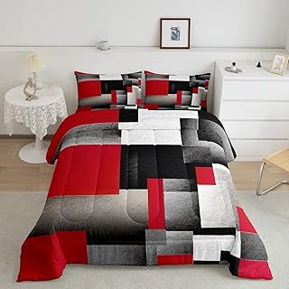 Feelyou Red Grey Black Buffalo Check Comforter Set Queen Size Kids Geometric Comforter for Boys Teens Geometry Bedding Set Plaid Modern Abstract Art Duvet Set Room Decor Quilt Boys