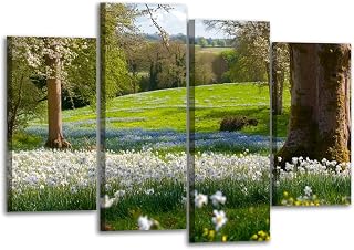 CXHSZHYZYQ Canvas Wall Art Prints Pictures Bluebells field trees fence Framed Posters Modern Wall Painting Artwork Gift Home Decor for Living Room Ready to Hang 4 Panel
