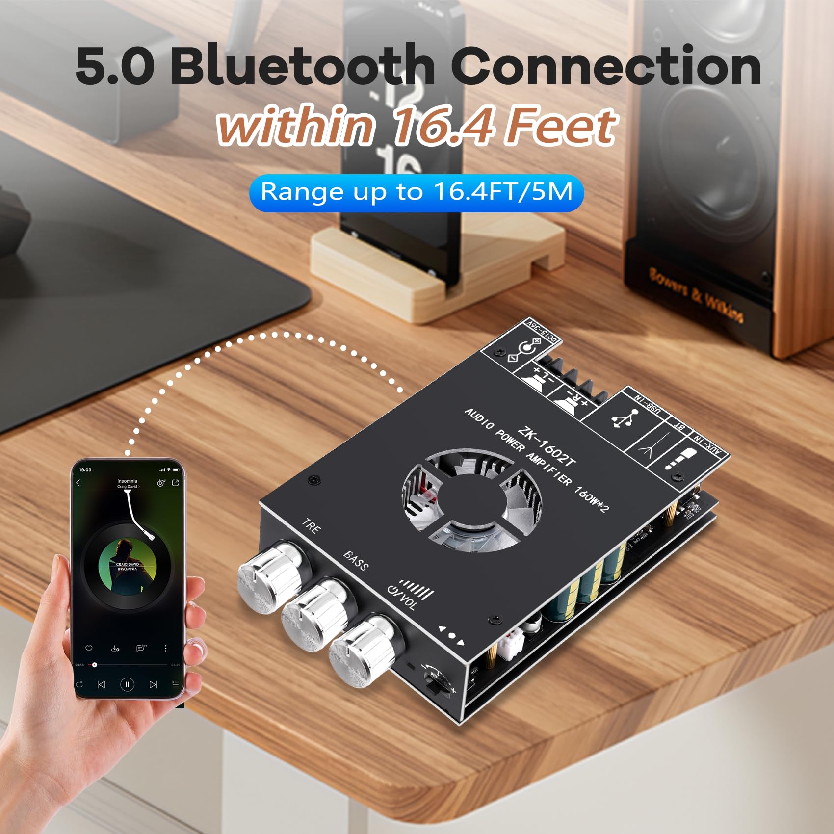 Daakro - Placa amplificadora Bluetooth de 2 canales 160 W + 160 W con control de agudos y graves, CC 15-36 V, entradas Bluetooth y AUX, ZK-1602T