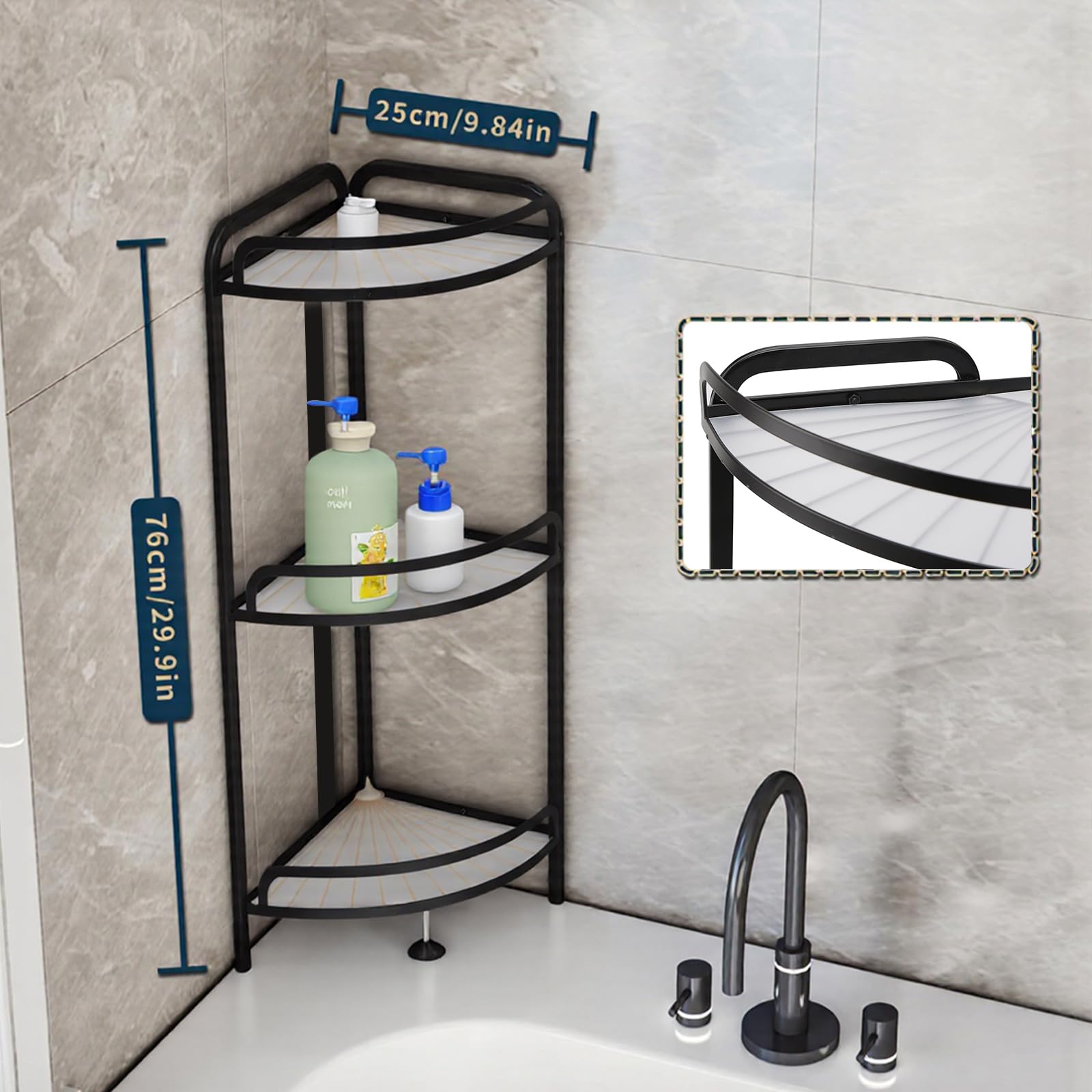 Scaffale da doccia a 3 livelli, in piedi senza foratura, può trasportare fino a 35 kg, materiale ispessito e durevole, per bagno e cucina (nero)