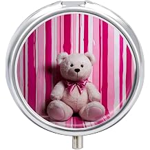 Round Pill Box 3 Compartment Teddy Bear Peach Rose Pill Case for Purse Pocket Portable Travel Pill Organizer Medicine Storage Box Small Metal Pill Container Holder to Hold Vitamins Fish Oil