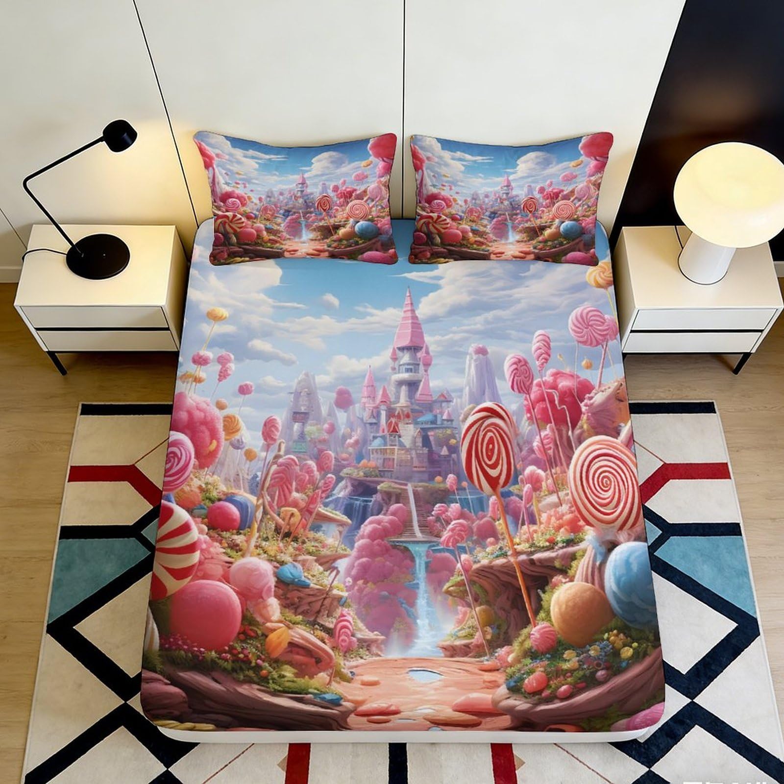 3D Printed Candy Fantasy Fitted Sheet Microfiber Soft Lollipop Dream Bed Cover for Bedroom Dorm Mattress Decor 115 120x200x25cm
