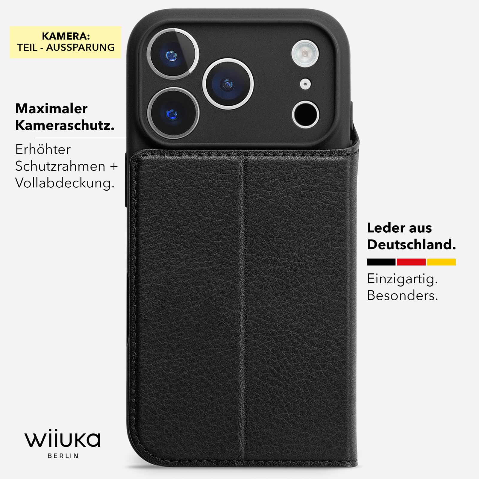 WIIUKA Hülle für iPhone 17 Pro, Leder aus Deutschland, mit Kartenfach, extra Dünn, Handyhülle mit Standfunktion, Tasche, Klapphülle, suiit, Teil, Schwarz