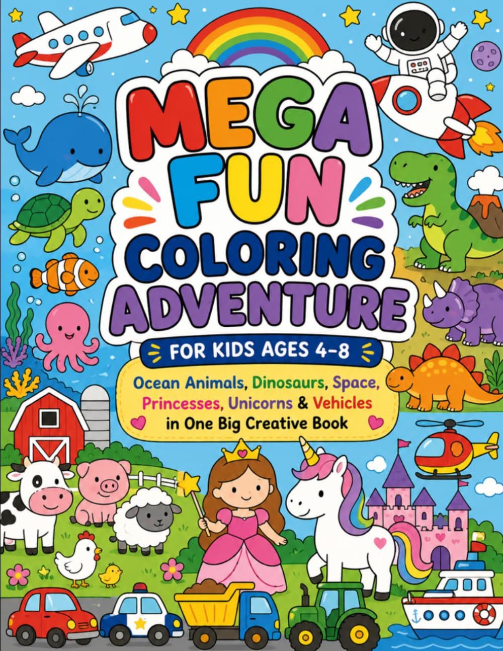 Mega Fun Coloring Adventure for Kids Ages 4–8: Ocean Animals, Dinosaurs, Space, Princesses, Unicorns & Vehicles in One Big Creative Book
