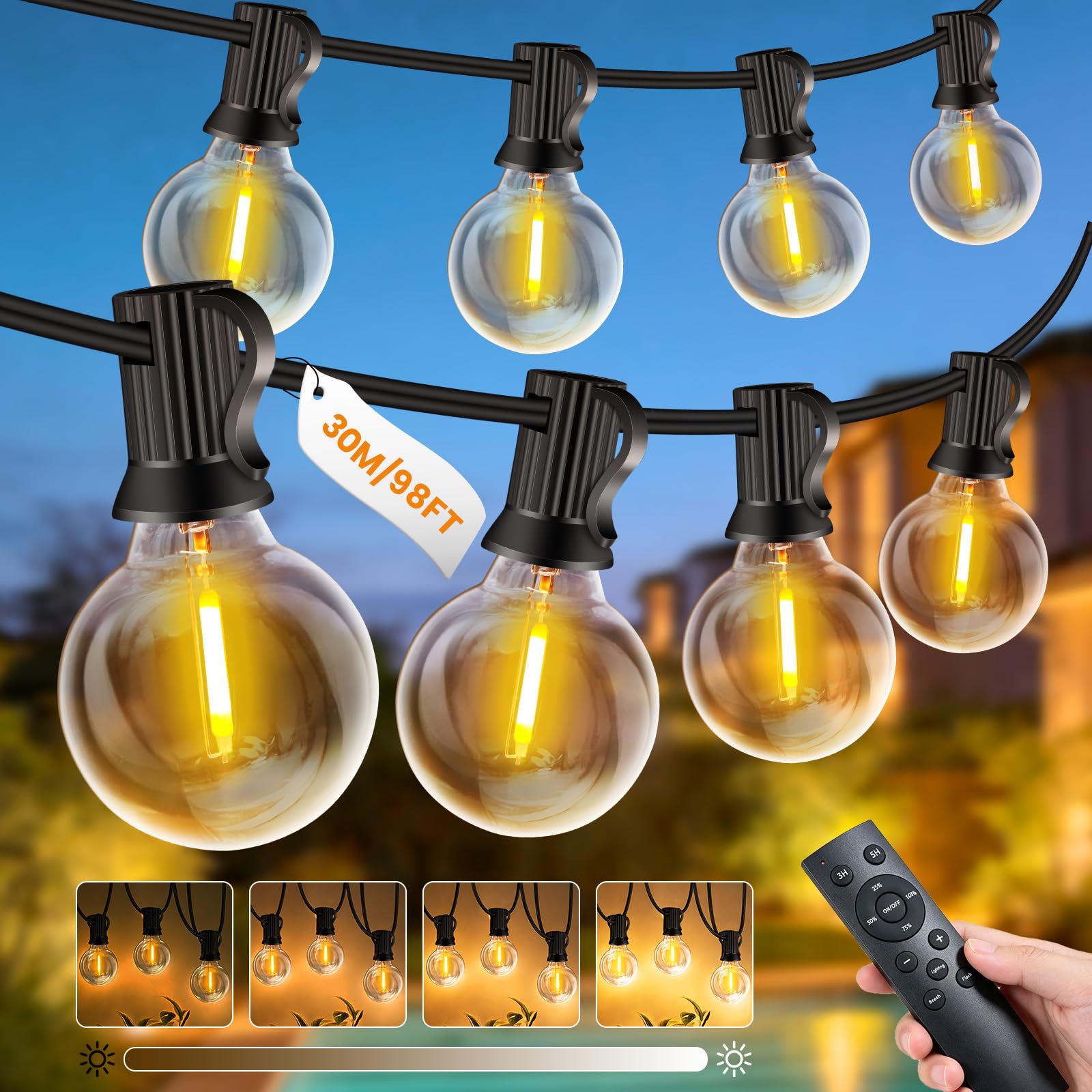 Rintea Guirlande Lumineuse Exterieure 30M avce Télécommande,Dimmable | Minuterie,40+3 Ampoules G40 Incassable,Plug&Play,Étanche,Guirlande Guinguette LED Connectable,pour Jardin Balcon Mariage