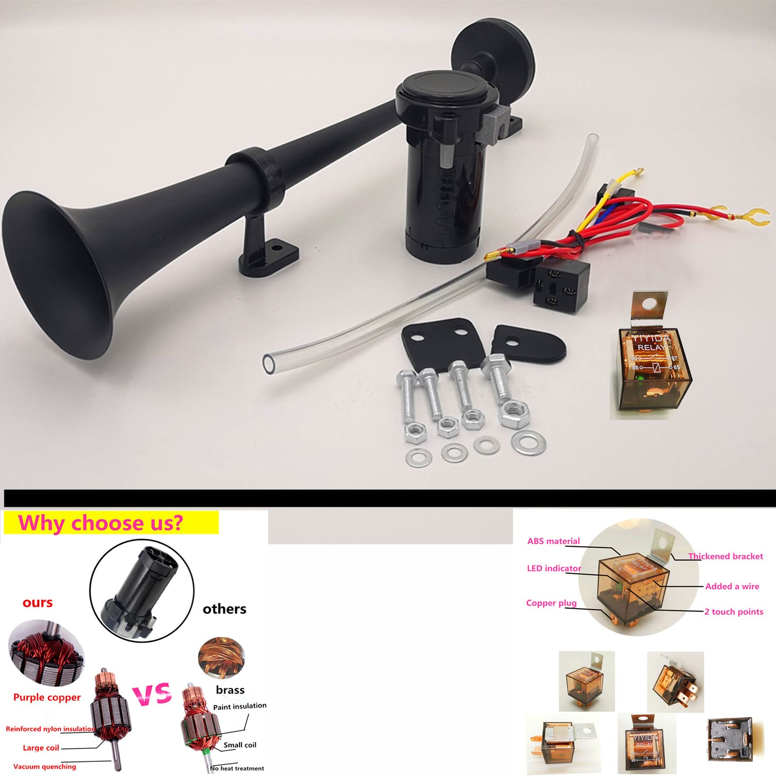 Clacson per auto 24V Car Horn 150DB Tromba ad aria Tromba elettrica 45cm Clacson Cromo Zinco Nero Tromba per camion con compressore pompa dell'aria Air Horn per 24V camion van moto barca ecc