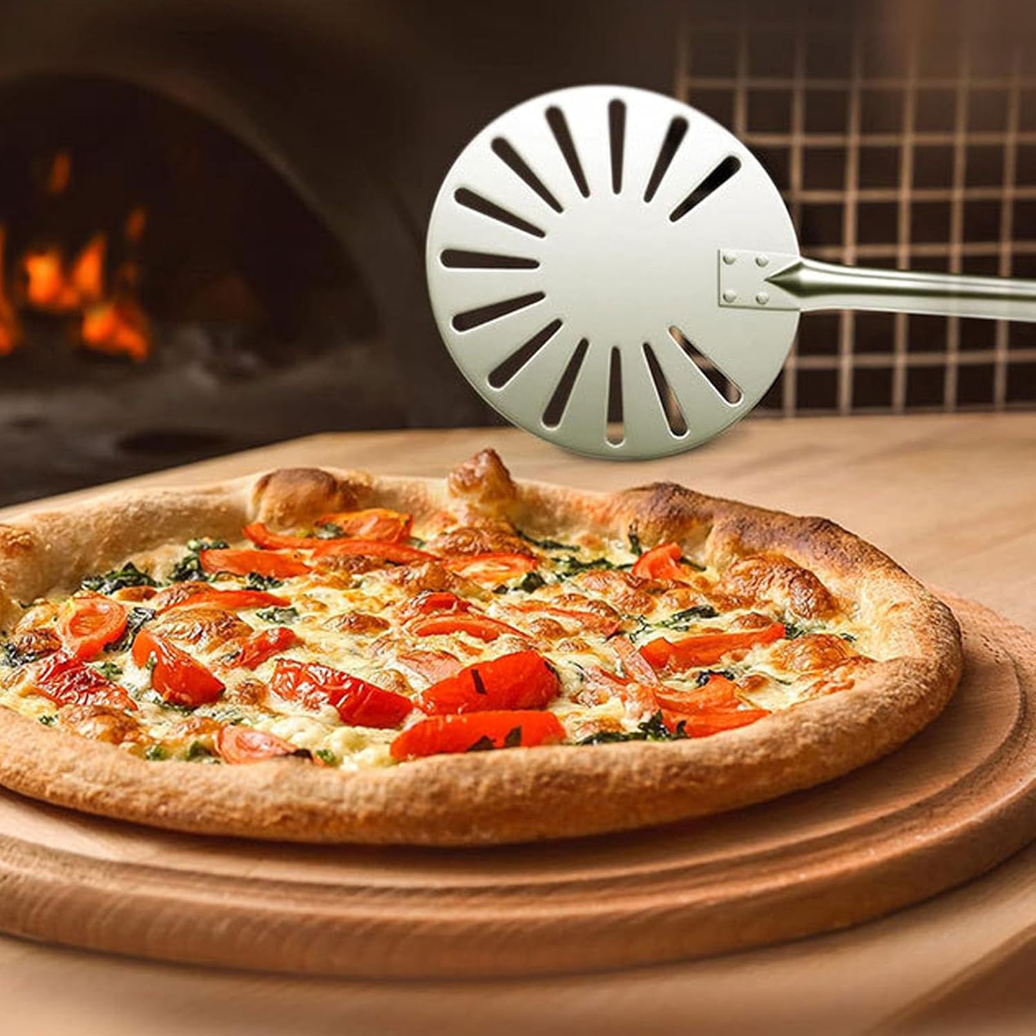 Pizza Turning Peel,Pizza Turner Spatula 9.1 Stainless Steel Perforated Peel with Adjustable 31-47 Inch Handle for Outdoor Oven Baking