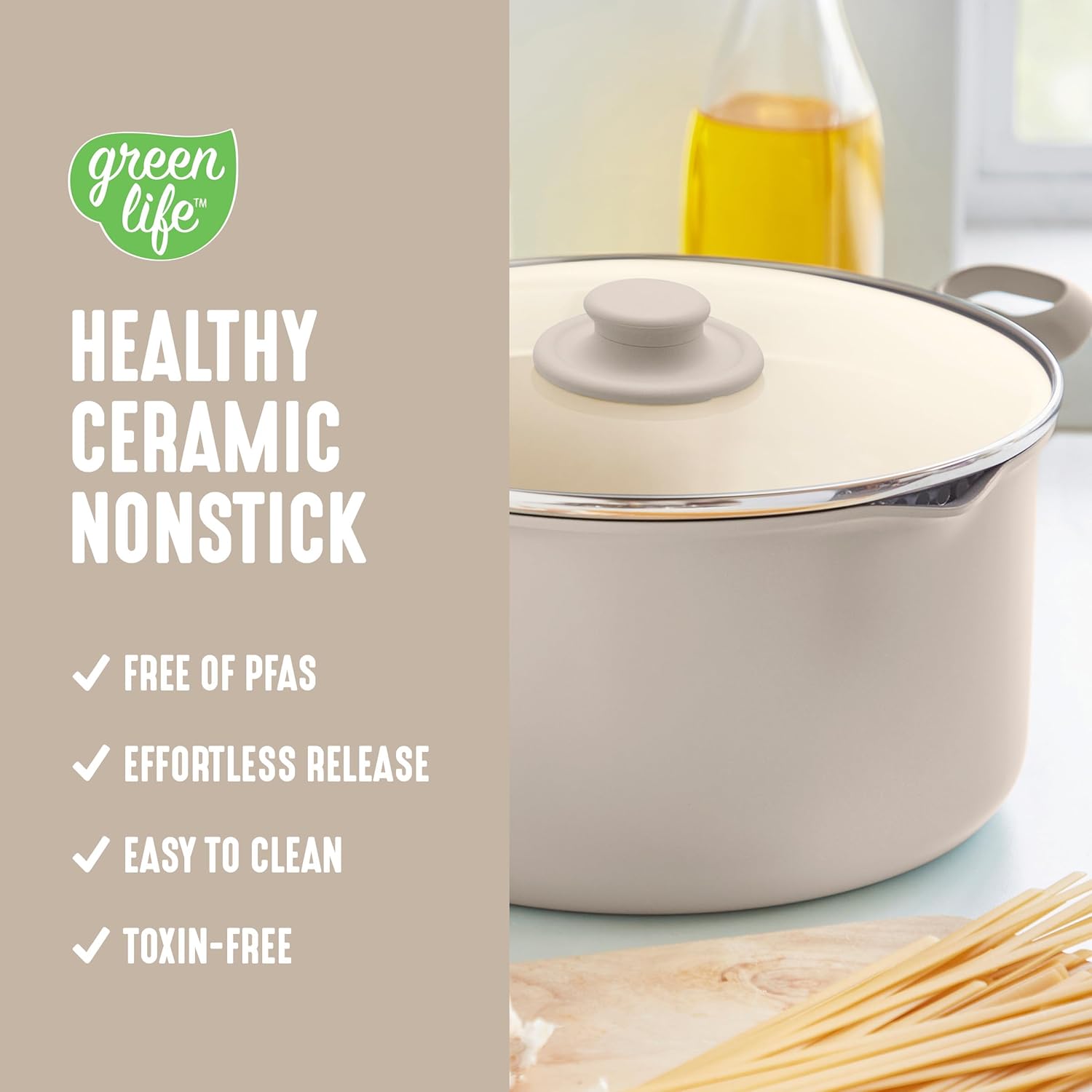 GreenLife 6QT Ceramic Nonstick Stockpot with Glass Straining Lid, PFAS-Free, Dishwasher Safe, Stay-Cool Handles, Oven Safe to 350°F, Wobble-Free Base, Even Heating, Taupe - Image 2