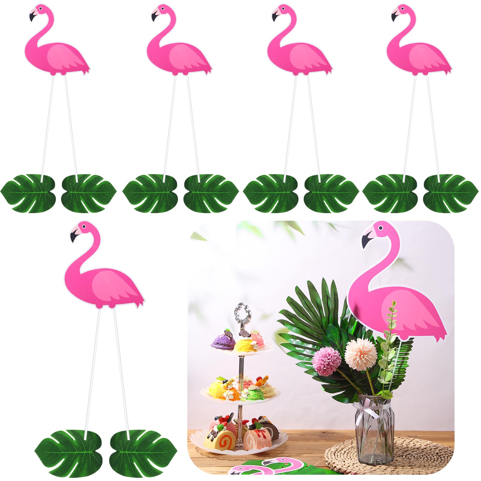 Rotatingpals 6 Sets Hawaiian Luau Aloha Party Decorations Flamingo Table Centerpieces, Including Flamingo Cutouts Tropical Leaves fibre rods for
