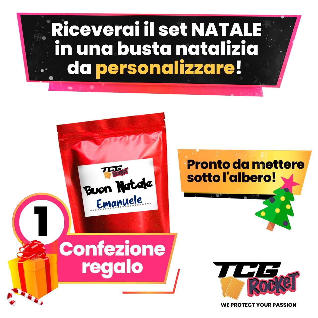 TCG Rocket Set NATALE - 100 Carte Pok Originali Italiane, Include 1 Ultra Rara, 5 Carte Luccicanti (Olo, Reverse) e Confezione Regalo Natalizia